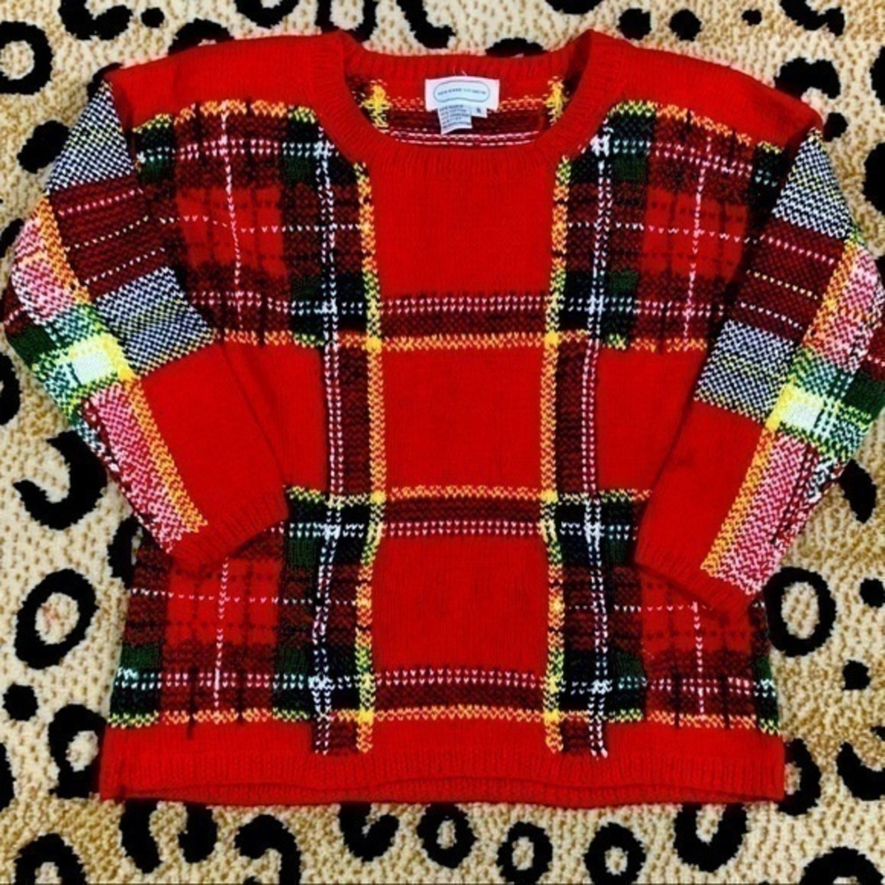 Vtg Adrienne Vittadini Plaid Knit Deisgner Pullover Winter 3/4 Sleeve Sweater